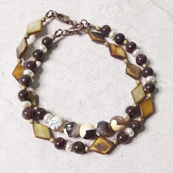 2 Bracelets! Neutral Color Scheme! Semi Precious Beads! Classy & Chic + Elegant! - Picture 1 of 13